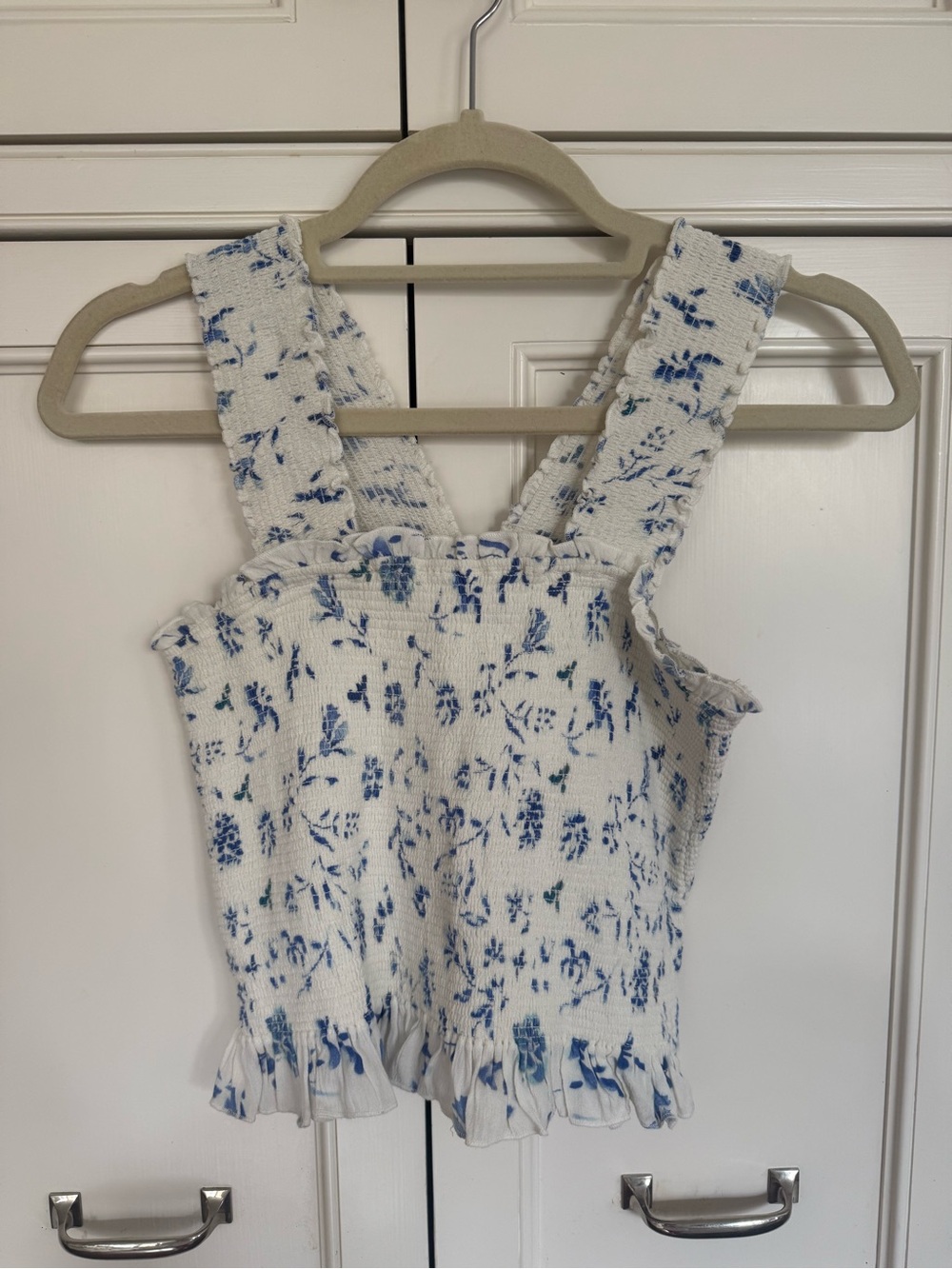 Smocked Floral Tank Top in White and Blue